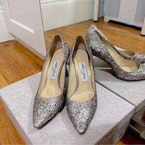 Jimmy Choo Size 37.5 Romy Rose Gold Glitter Leather Pumps